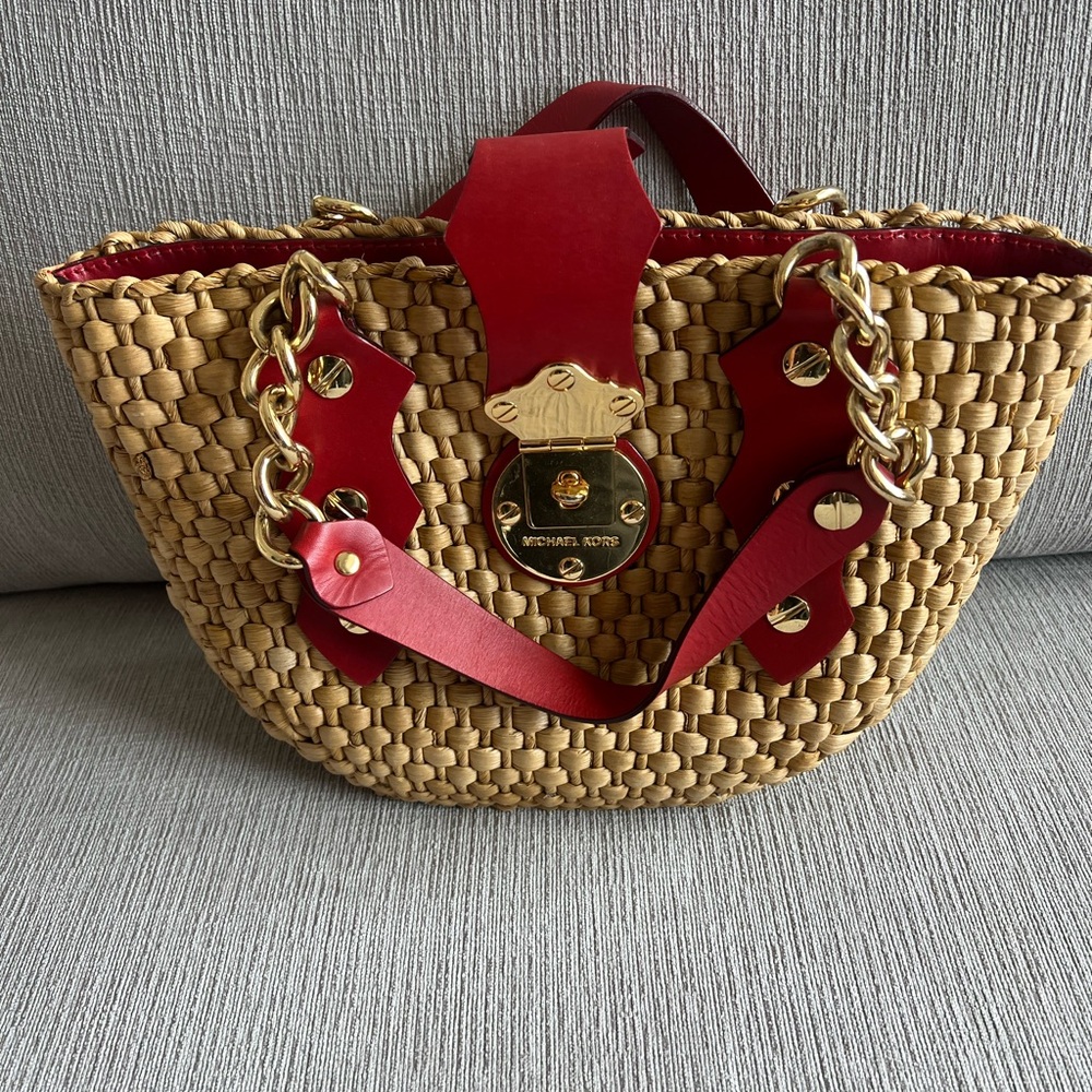 Michael Kors Tan and Red Woven Tote